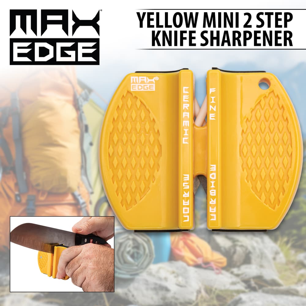 Full image of the Max Edge Yellow Mini 2 Step Knife Sharpener. image number 0